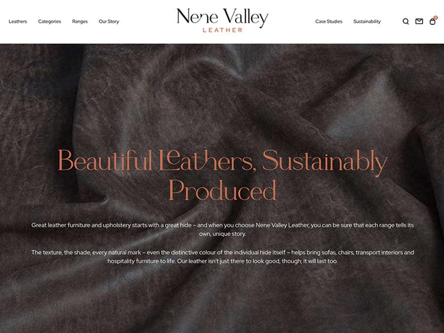 Sustainably sourced luxury leather products website homepage.