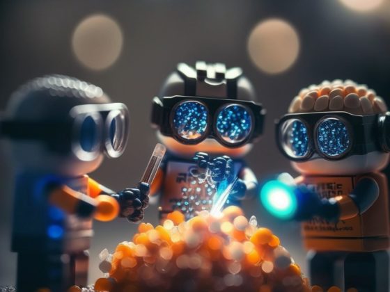 Minifigures examining glowing crystals, playful sci-fi scene.