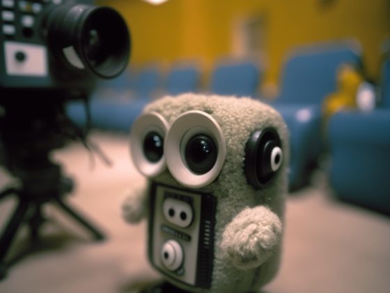 Plush toy with camera in lecture hall.