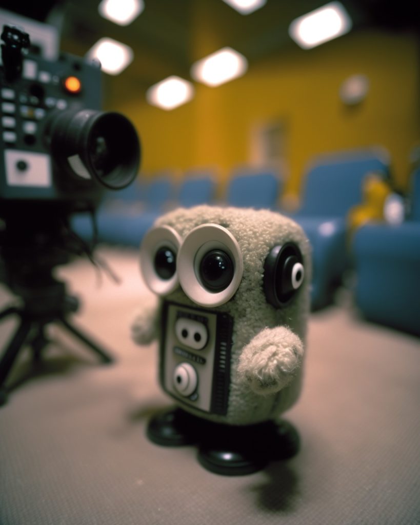 Plush toy with camera in lecture hall.