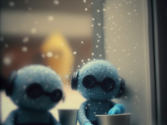Toy figures by rainy window, moody atmosphere.