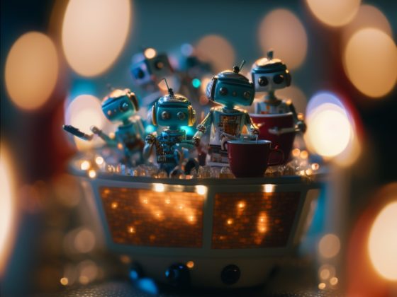 Toy robots gathered inside spaceship with bokeh background.