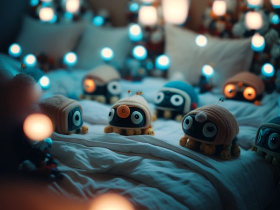 Illuminated robot toys on bed in dim room.