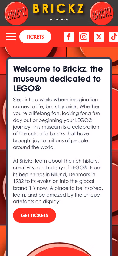 Brickz LEGO museum welcome and ticket information page