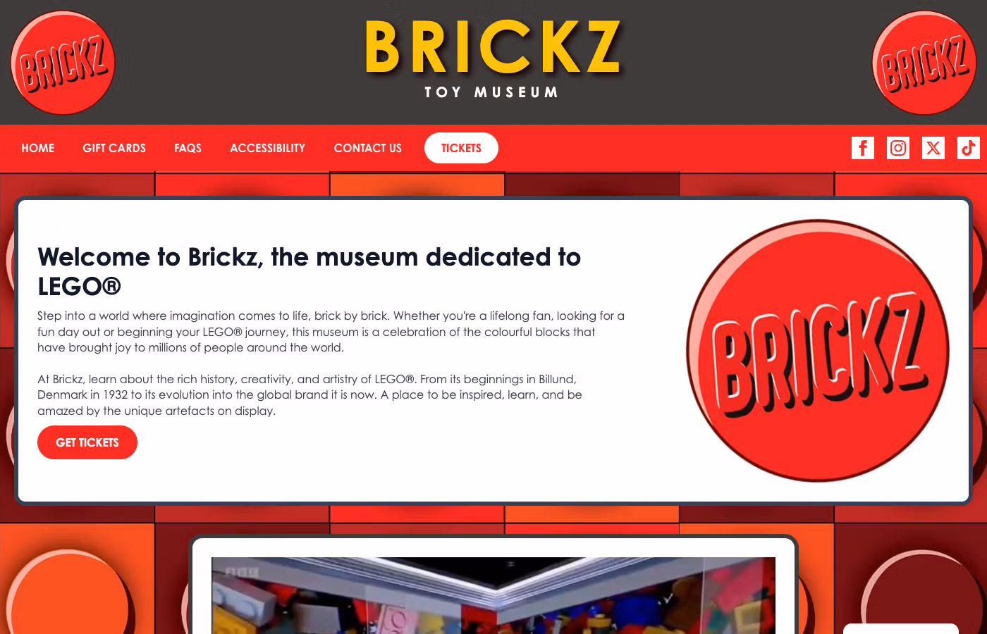 Brickz Toy Museum homepage promoting LEGO exhibits